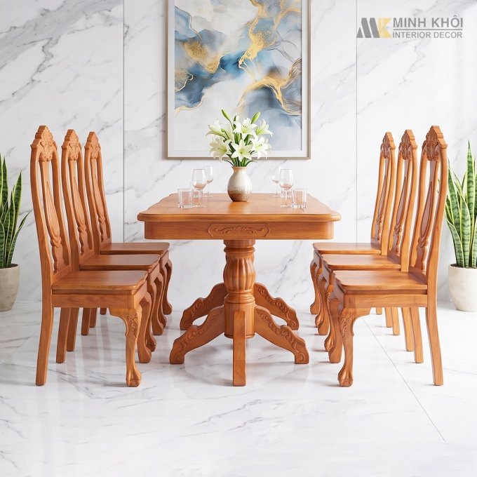Bộ Bàn Ăn Đẹp Hình Chữ Nhật 6 Ghế Gỗ Căm Xe - BA239