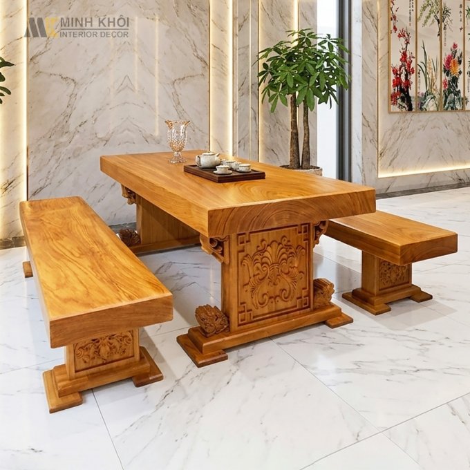 Bộ Bàn Ăn Gỗ Gõ Nguyên Tấm Cao Cấp - BA908