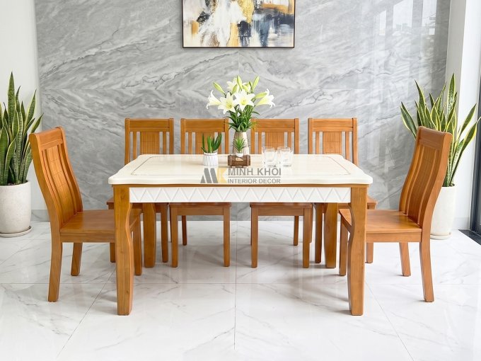 Bộ Bàn Ăn Gỗ Tự Nhiên Mặt Đá 6 Ghế - BA207