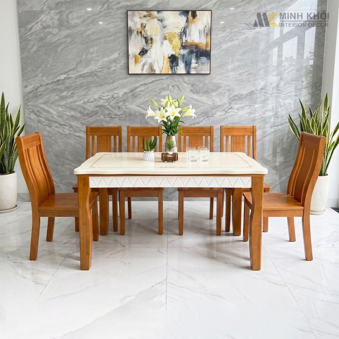 Bộ Bàn Ăn Gỗ Tự Nhiên Mặt Đá 6 Ghế - BA207
