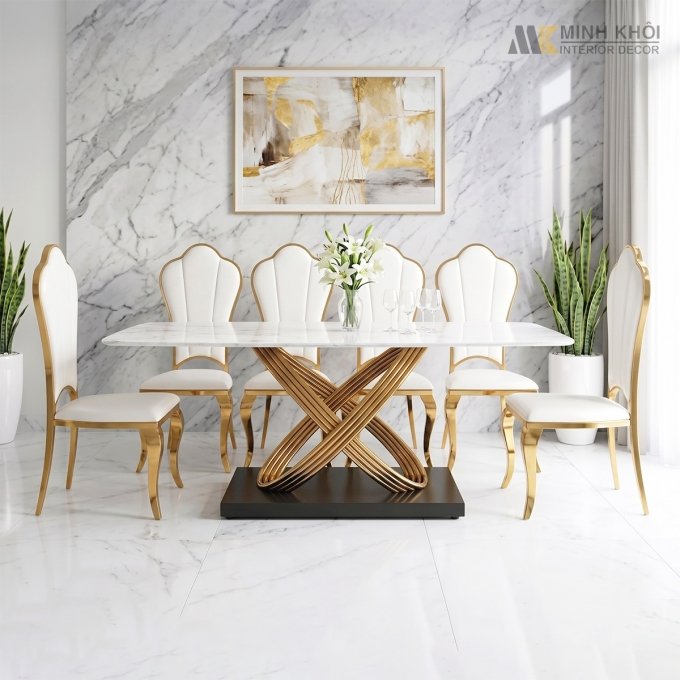 Bộ Bàn Ăn Tân Cổ Điển Ghế Hoa Mai Mạ Vàng - BA250