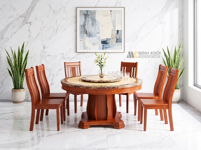 Bộ Bàn Ăn Tròn Gỗ Tự Nhiên Mặt Đá Mâm Xoay - BA227
