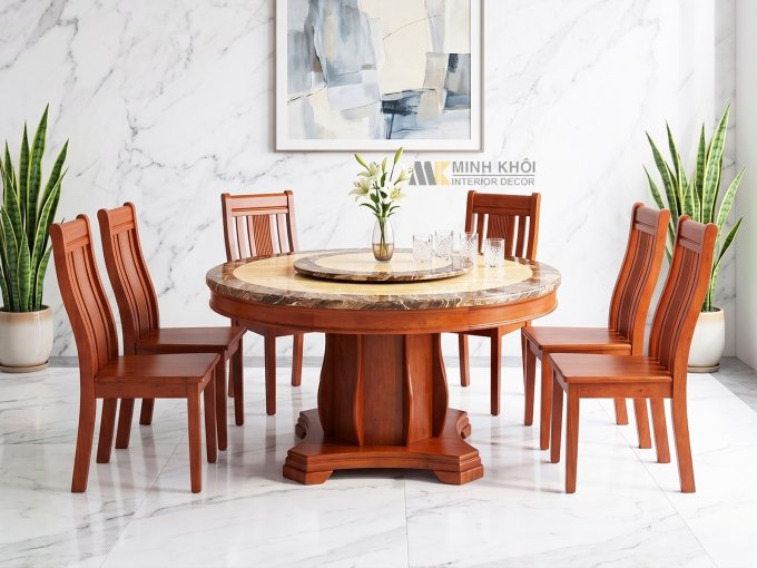 Bộ Bàn Ăn Tròn Gỗ Tự Nhiên Mặt Đá Mâm Xoay - BA227
