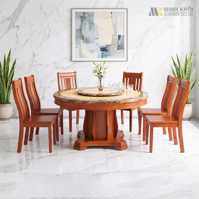 Bộ Bàn Ăn Tròn Gỗ Tự Nhiên Mặt Đá Mâm Xoay - BA227