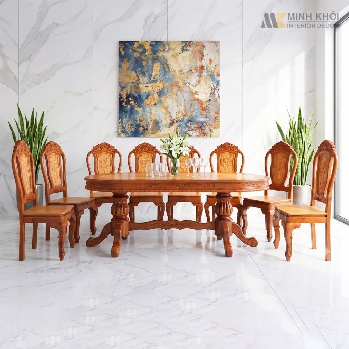 Bộ Bàn Ghế Ăn Gỗ Căm Xe Mặt Bàn Oval - BA905
