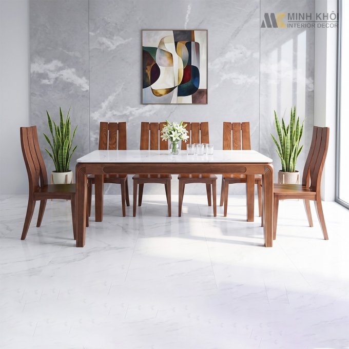 Bộ Bàn Ghế Ăn Mặt Đá Trắng 6 Ghế Gỗ Tự Nhiên - BA234