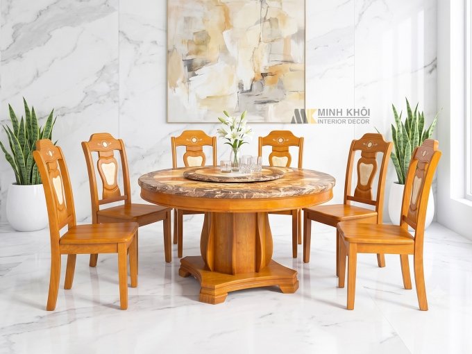 Bộ Bàn Ghế Ăn Tròn 6 Ghế Cẩn Đá - BA910