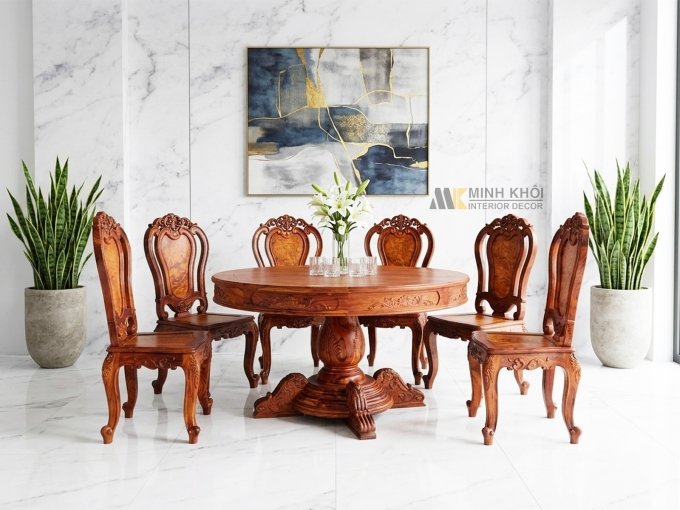 Bộ Bàn Ghế Ăn Tròn Gỗ Cẩm Lai 6 Ghế Cao Cấp - BA920