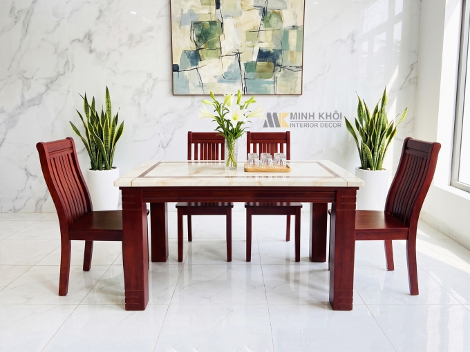 Bộ Bàn Ghế Ăn Vuông Gỗ Tự Nhiên Mặt Đá 4 Ghế - BA211