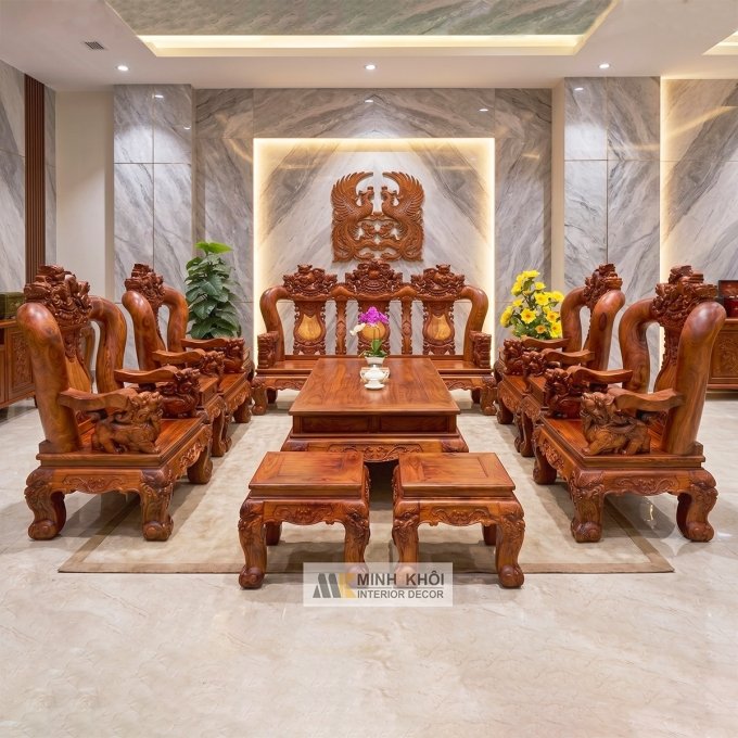 Bộ Bàn Ghế Gỗ Cẩm Lai Tay 16 Nghê Bảo Đỉnh 10 Món - SL998