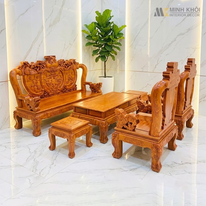 Bộ Bàn Ghế Gỗ Hương Đá Tay 12, 6 Món Chạm Nghê - SL950