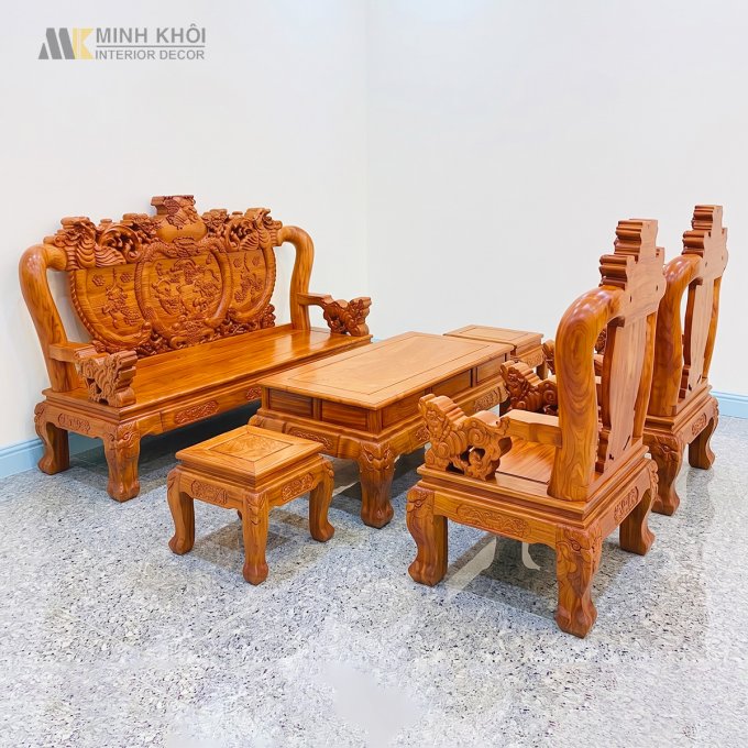 Bộ Bàn Ghế Gỗ Hương Đá Tay 12, 6 Món Chạm Nghê - SL950