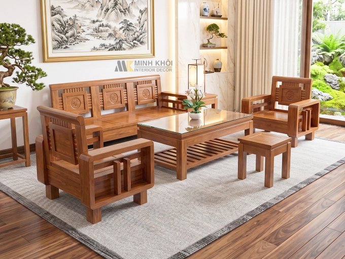 Bộ Bàn Ghế Phòng Khách Gỗ Còng 6 Món - SF239G