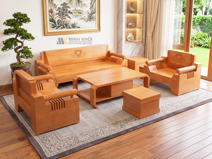 Bộ Bàn Ghế Phòng Khách Gỗ Sồi 7 Món - SF951