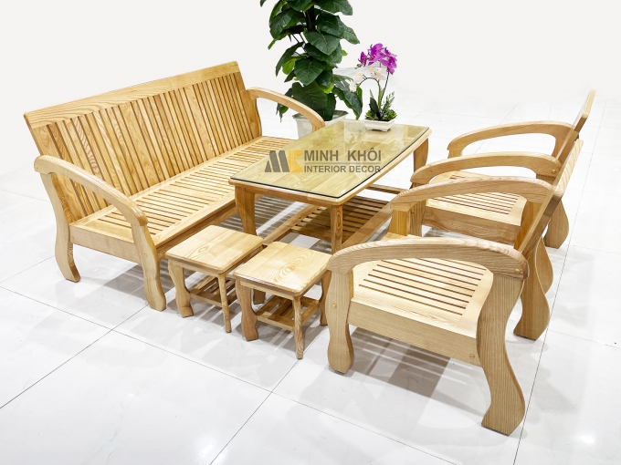 Bộ Bàn Ghế Phòng Khách Gỗ Sồi Tựa Nan Chân Cong - SF811