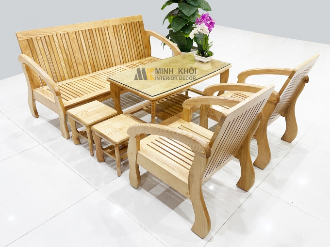 Bộ Bàn Ghế Phòng Khách Gỗ Sồi Tựa Nan Chân Cong - SF811