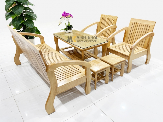 Bộ Bàn Ghế Phòng Khách Gỗ Sồi Tựa Nan Chân Cong - SF811