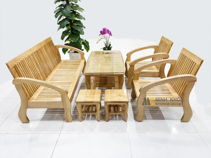 Bộ Bàn Ghế Phòng Khách Gỗ Sồi Tựa Nan Chân Cong - SF811