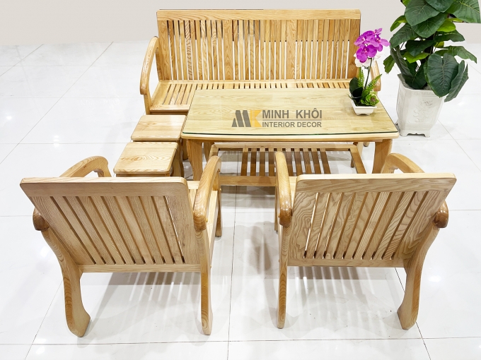 Bộ Bàn Ghế Phòng Khách Gỗ Sồi Tựa Nan Chân Cong - SF811