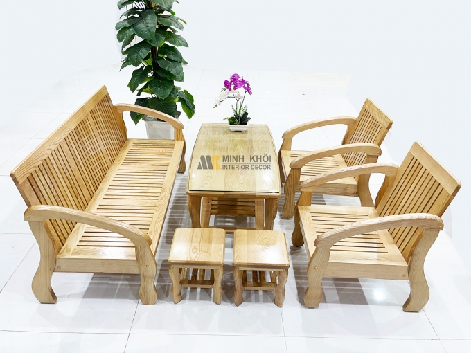 Bộ Bàn Ghế Phòng Khách Gỗ Sồi Tựa Nan Chân Cong - SF811