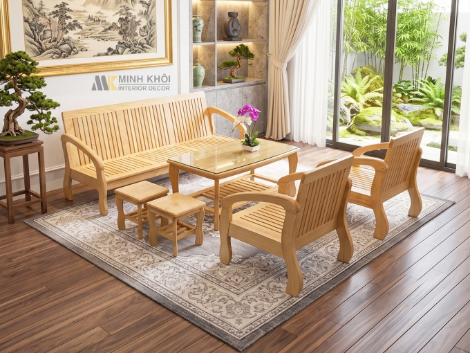 Bộ Bàn Ghế Phòng Khách Gỗ Sồi Tựa Nan Chân Cong - SF811