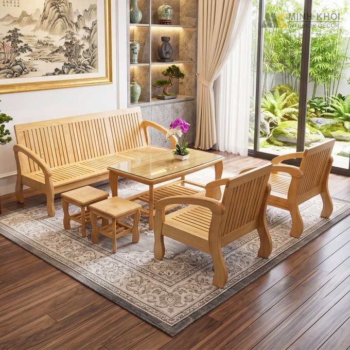 Bộ Bàn Ghế Phòng Khách Gỗ Sồi Tựa Nan Chân Cong - SF811
