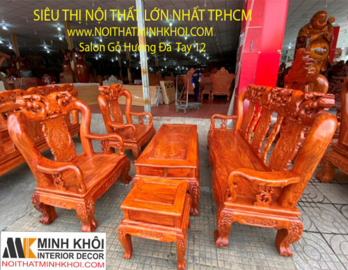 Bộ Bàn Ghế Salon Gỗ Hương Đá Chạm Đào Tay 12 (6 Món) - SL957