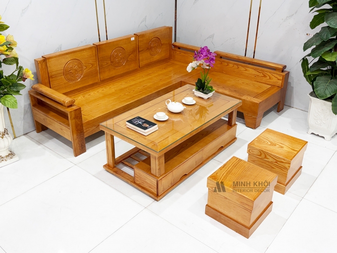 Bộ Bàn Ghế Sofa Gỗ Sồi Góc L 5 Món - SF245