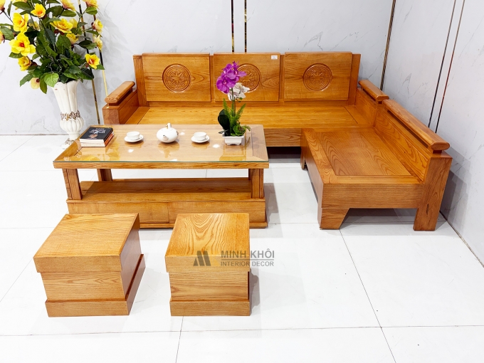 Bộ Bàn Ghế Sofa Gỗ Sồi Góc L 5 Món - SF245