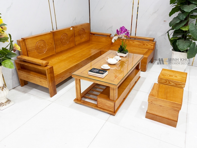 Bộ Bàn Ghế Sofa Gỗ Sồi Góc L 5 Món - SF245