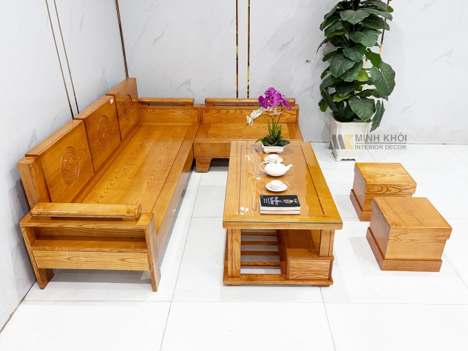 Bộ Bàn Ghế Sofa Gỗ Sồi Góc L 5 Món - SF245