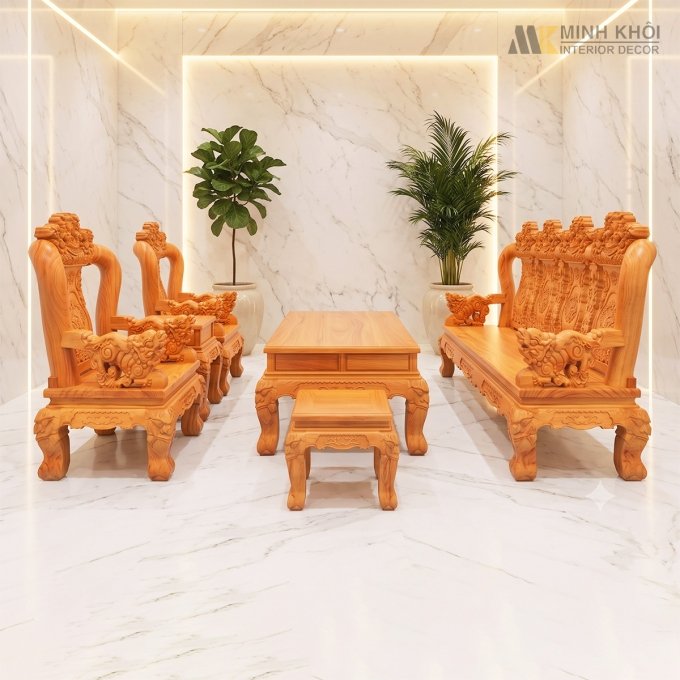 Bộ Salon Gõ Đỏ Nghê Đỉnh mặt 5cm Tay 14 6 Món - SL963