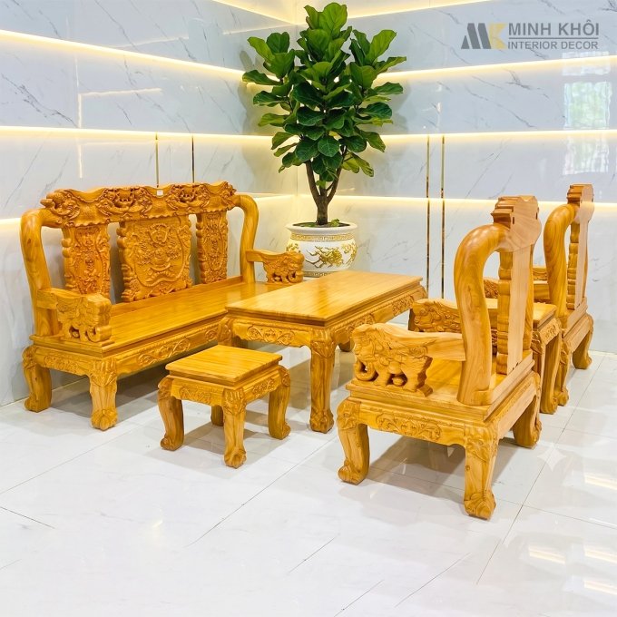 Bộ Salon Gỗ Gõ Đỏ Tay 10, 6 Món Chạm Voi - SL975