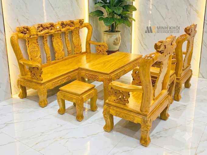 Bộ Salon Gỗ Gõ Đỏ Tay 10 Chạm Đào 6 Món Mặt Liền - SL983
