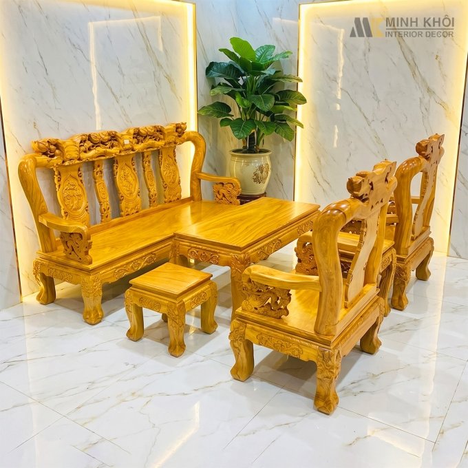 Bộ Salon Gỗ Gõ Đỏ Tay 10 Chạm Đào 6 Món Mặt Liền - SL983