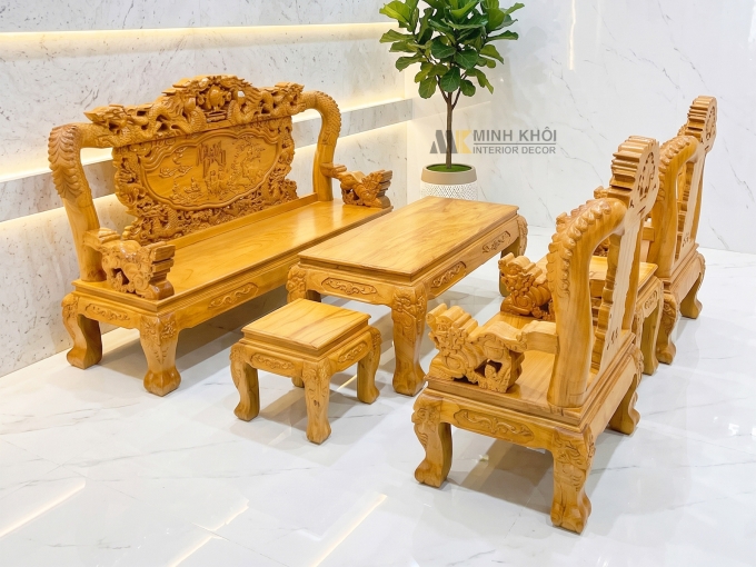 Bộ Salon Gỗ Gõ Đỏ Tay 12 Chạm Rồng Bát Tiên - SL248