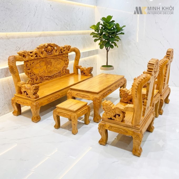 Bộ Salon Gỗ Gõ Đỏ Tay 12 Chạm Rồng Bát Tiên - SL248