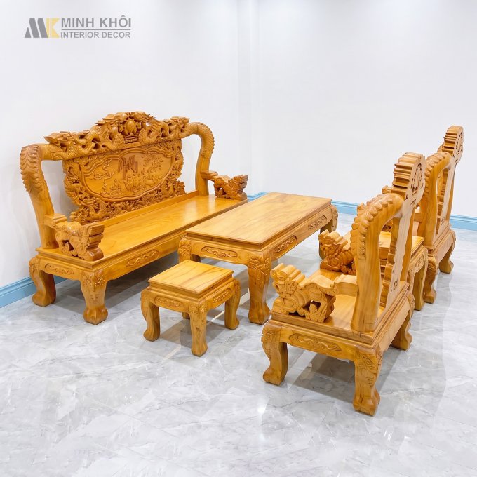 Bộ Salon Gỗ Gõ Đỏ Tay 12 Chạm Rồng Bát Tiên - SL248