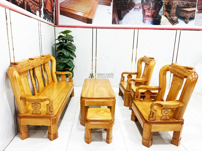 Bộ Salon Gỗ Gõ Đỏ Tay 12 Chân Xoay Tựa Vuông - SL899