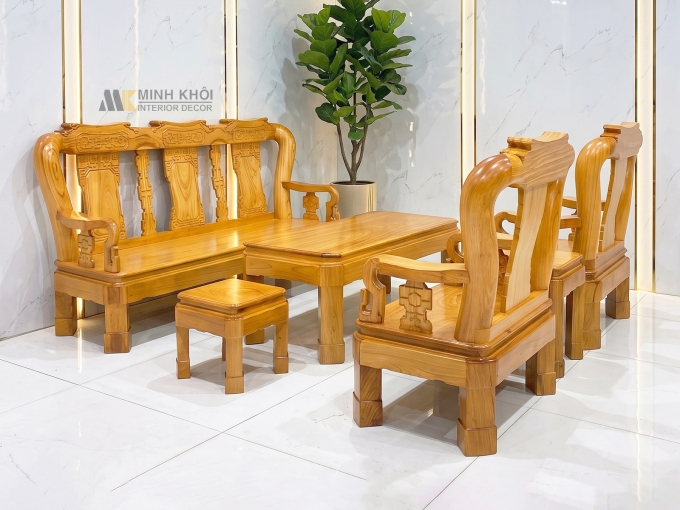 Bộ Salon Gỗ Gõ Đỏ Tay 12 Chân Xoay Tựa Vuông - SL899