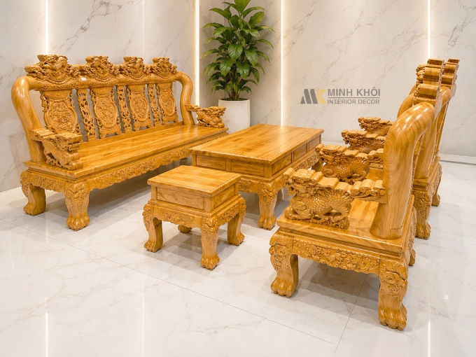 Bộ Salon Gỗ Gõ Đỏ Tay 14 Chạm Nghê Cao Cấp - SL3019