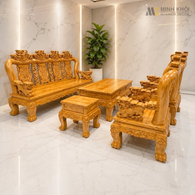 Bộ Salon Gỗ Gõ Đỏ Tay 14 Chạm Nghê Cao Cấp - SL3019