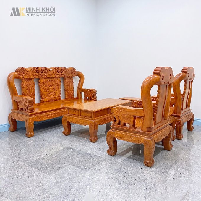 Bộ Salon Gỗ Hương Đá Tay 12, 6 Món Chạm Voi - SL981