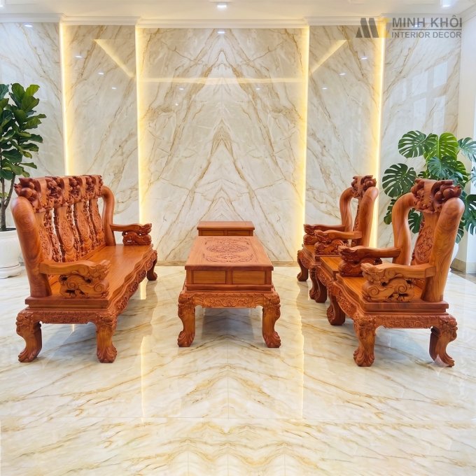 Bộ Salon Hương Đá Tay 14 Chạm Đào Mặt Liền - SL941