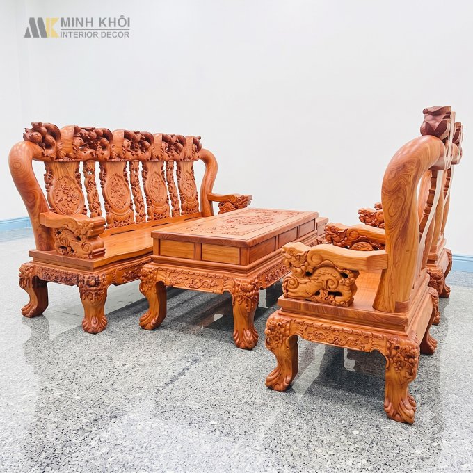 Bộ Salon Hương Đá Tay 14 Chạm Đào Mặt Liền - SL941