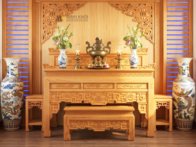 Bộ Sập Bàn Thờ Phật 2 Đôn Gõ Đỏ Cao Cấp - ST2002