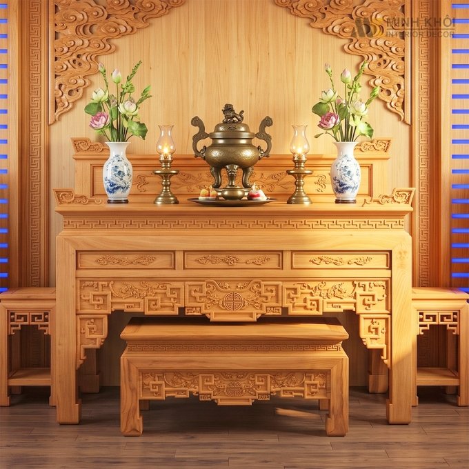Bộ Sập Bàn Thờ Phật 2 Đôn Gõ Đỏ Cao Cấp - ST2002
