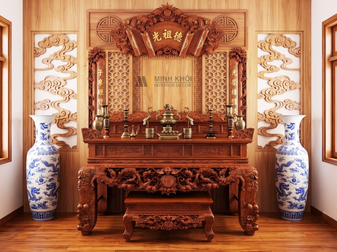 Bộ Sập Thờ Và Bộ Hoành Phi Câu Đối Gõ Đỏ - ST2001