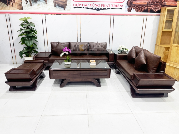 Bộ Sofa Gỗ Óc Chó Bọc Nệm Da Sang Trọng - SF889