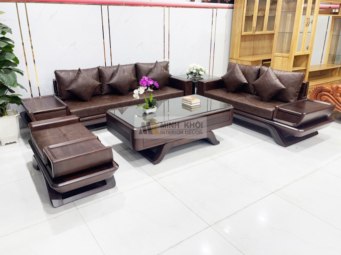 Bộ Sofa Gỗ Óc Chó Bọc Nệm Da Sang Trọng - SF889